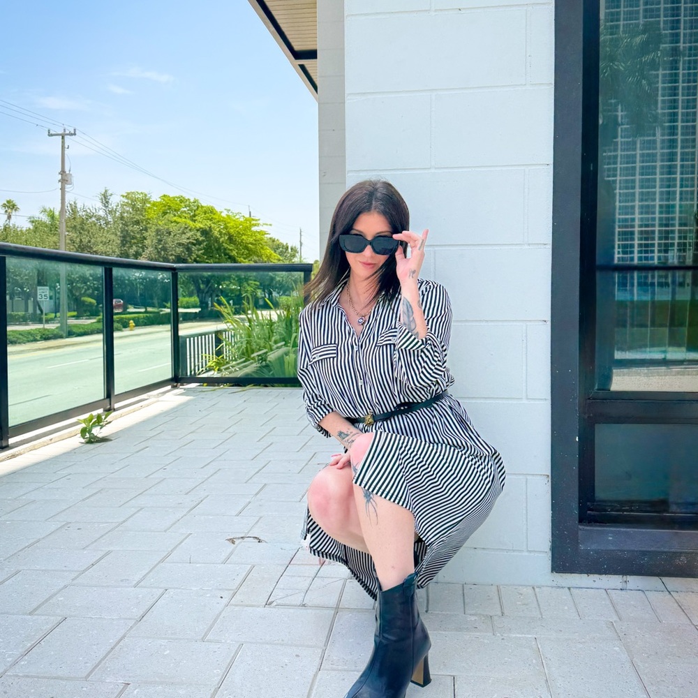 Mlle Gabrielle Black and White Striped Long Sleeve Dress - Picture 3 of 3